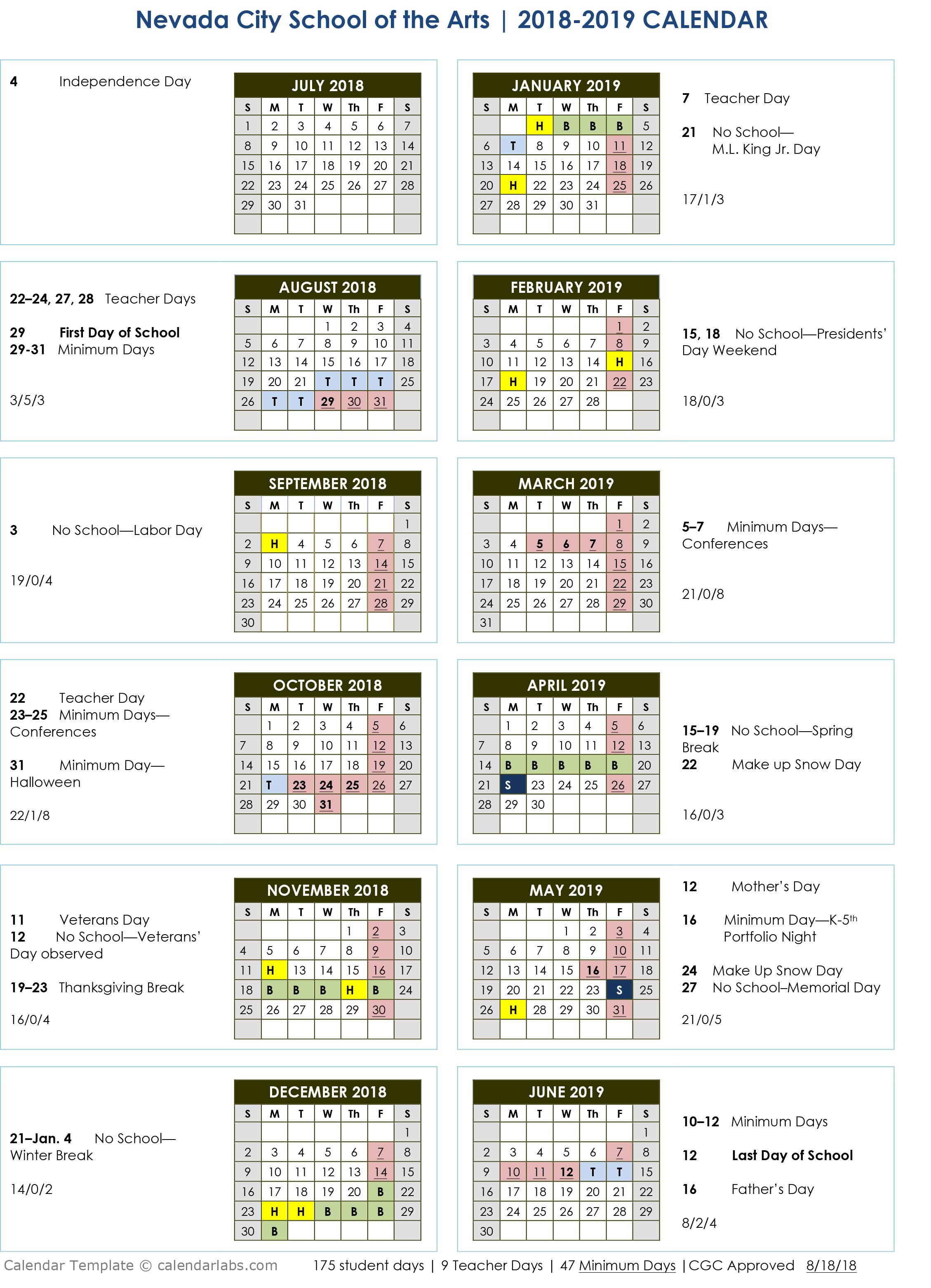 year at a glance calendar nevada city school of the arts